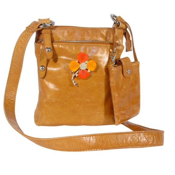 HOBO Original Glazed Leather Crossbody Bag + AB Brooch + ID Wallet - Picture 1 of 10